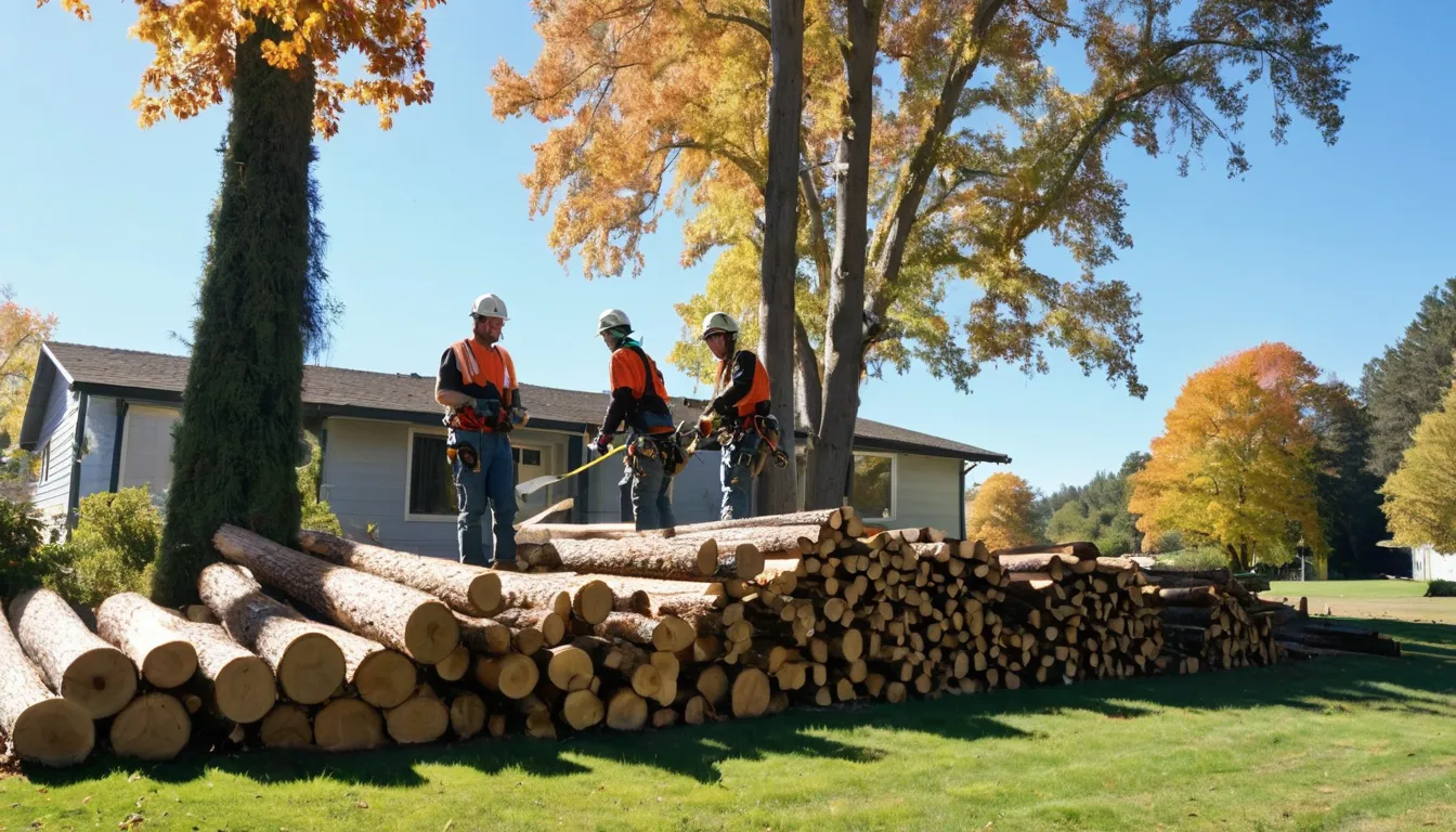 A tree removal provider cutting a large tree near a ranch home in Spring Hill